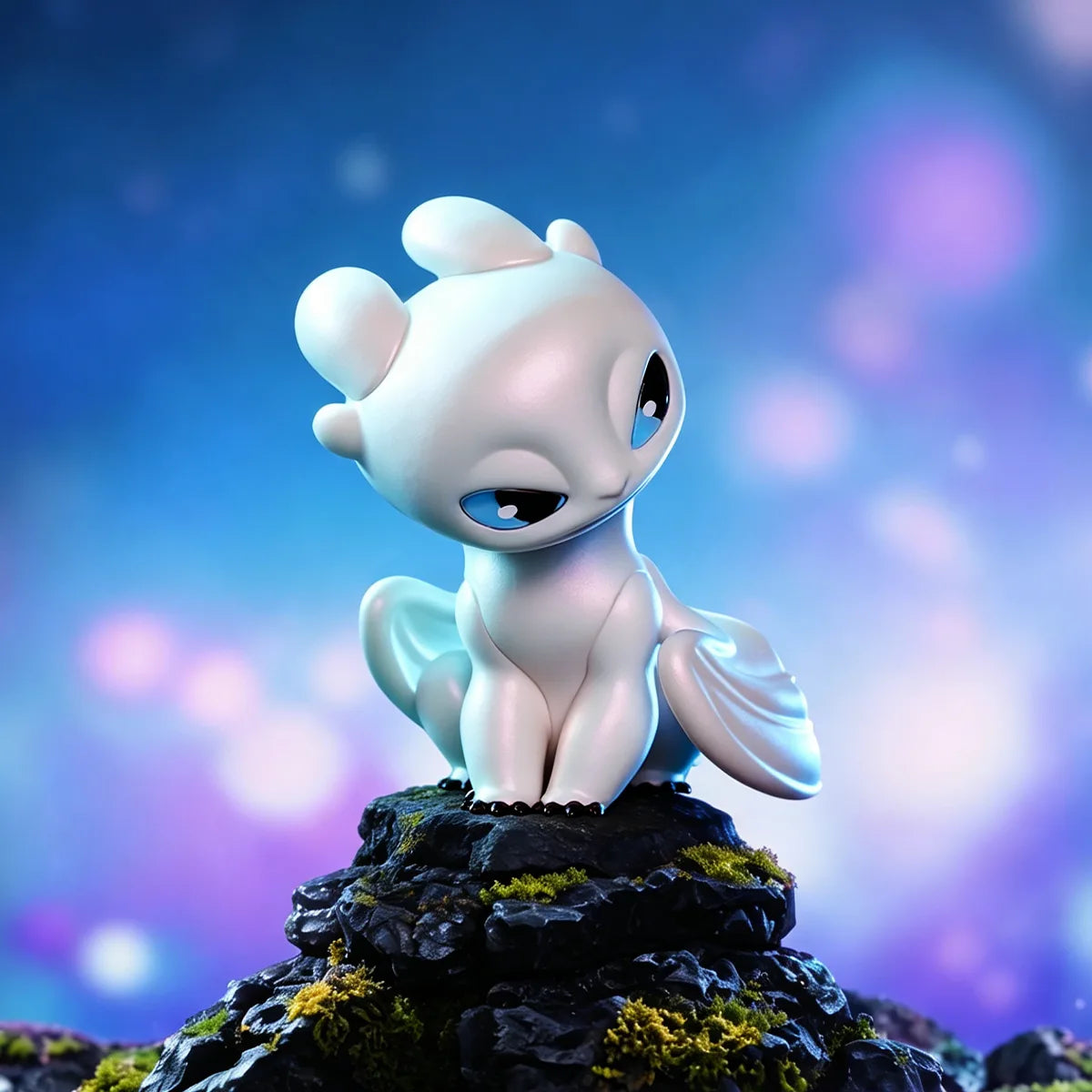 Light Fury figure perched on a rocky base at twilight from the Intertwined Light & Night Series by 52TOYS