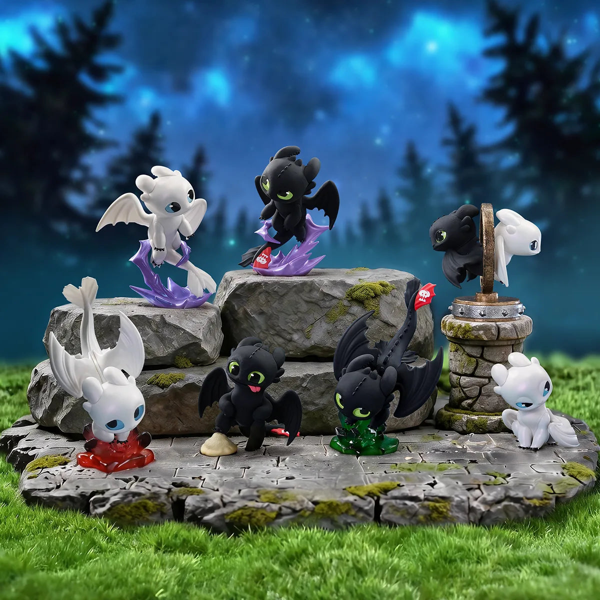 Toothless and Light Fury full collection diorama from the How to Train Your Dragon Intertwined Light & Night Series by 52TOYS