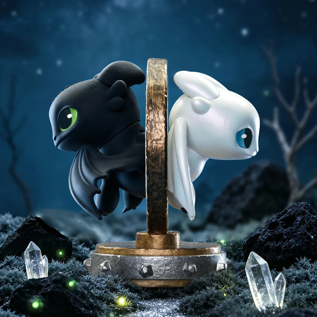 Toothless and Light Fury facing across a mirror under a starry sky in the Intertwined Light & Night Series by 52TOYS