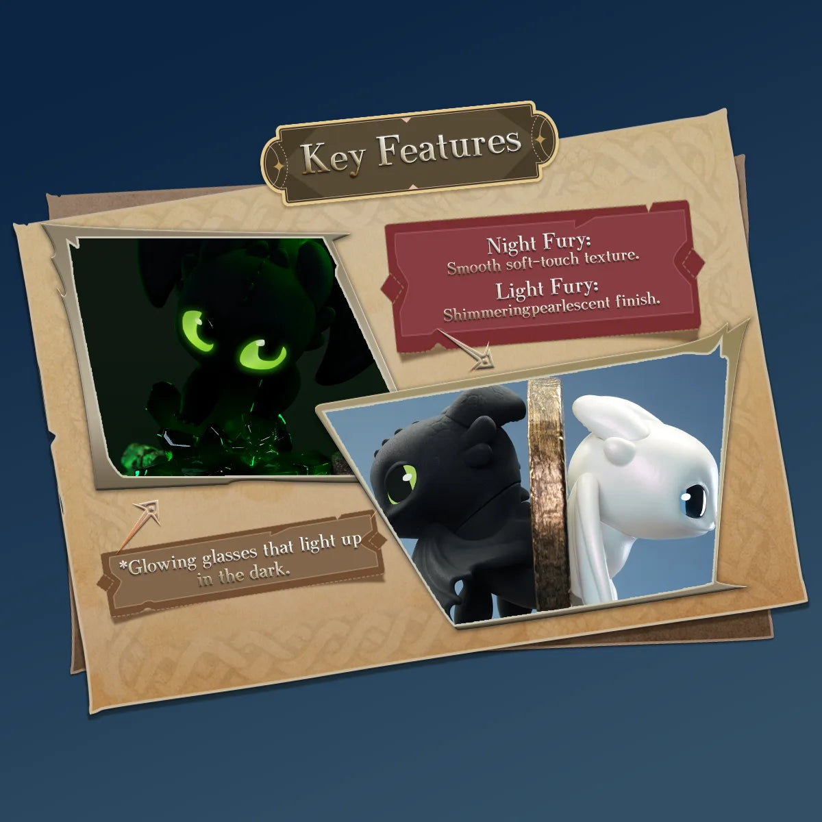 Key features of the Toothless and Light Fury Intertwined Light & Night collectible figures