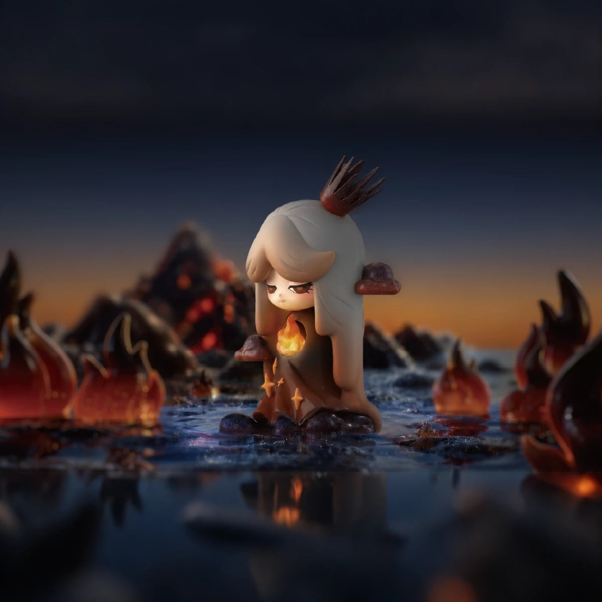 Dark Laplly figure with black crown and fiery orb in a volcanic landscape