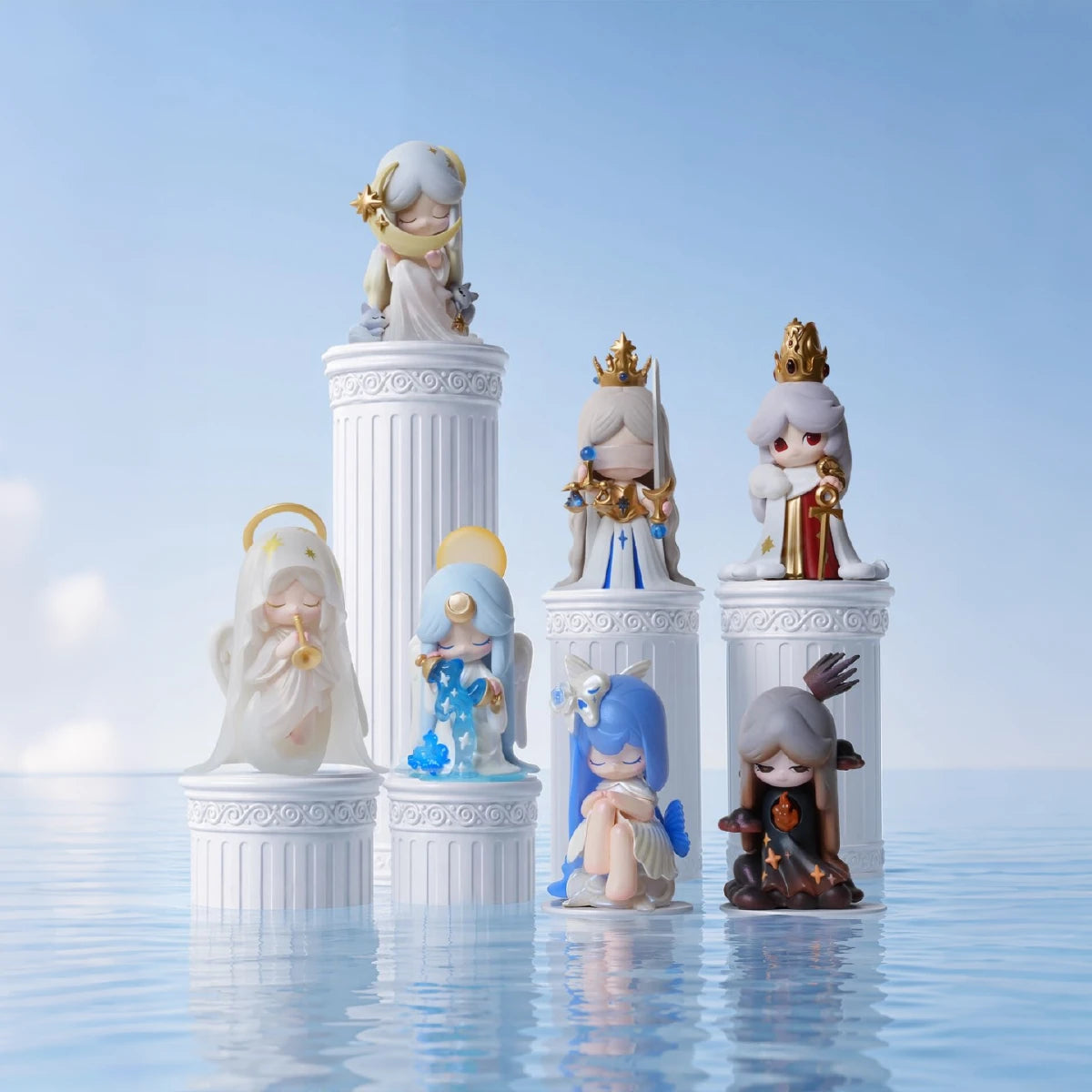 Seven Laplly Infinite Beginning figures arranged on white columns over reflective water