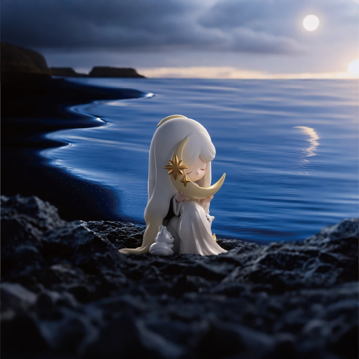 White-haired Laplly crescent-moon figure seated on a rocky moonlit shore
