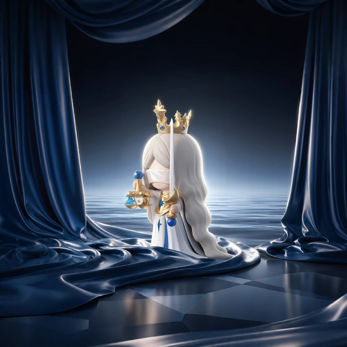 Back view of crowned Laplly figure holding a gold lantern between blue curtains
