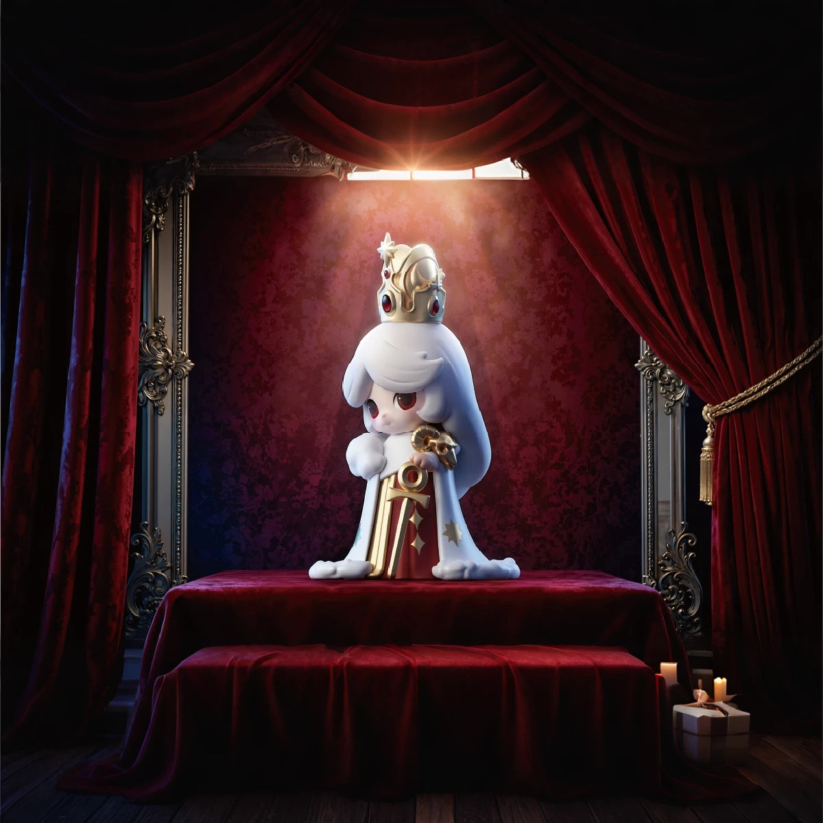 Crowned Laplly figure holding a staff on a red velvet theater pedestal