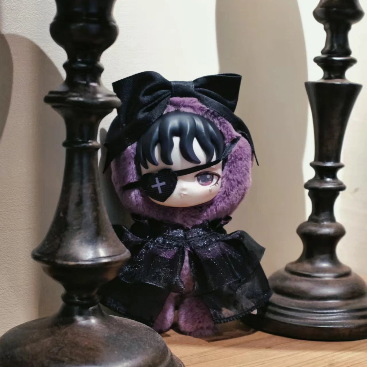 Forsaken Lamb plush keychain in black wool with gold crown and heart button, Lilith Forbidden Covenant by 52TOYS