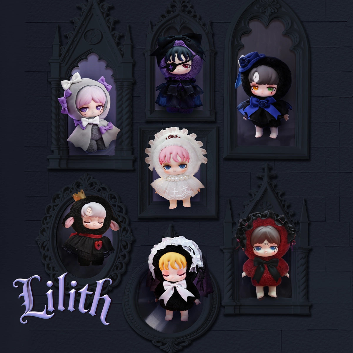 Seven Lilith dolls displayed in dark gothic castle portrait frames, Forbidden Covenant series by 52TOYS