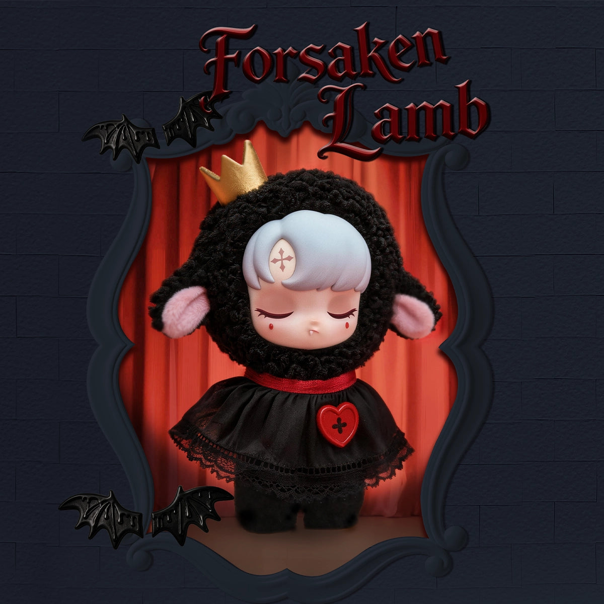 Forsaken Lamb doll in black wool with gold crown and red heart button, Lilith Forbidden Covenant by 52TOYS