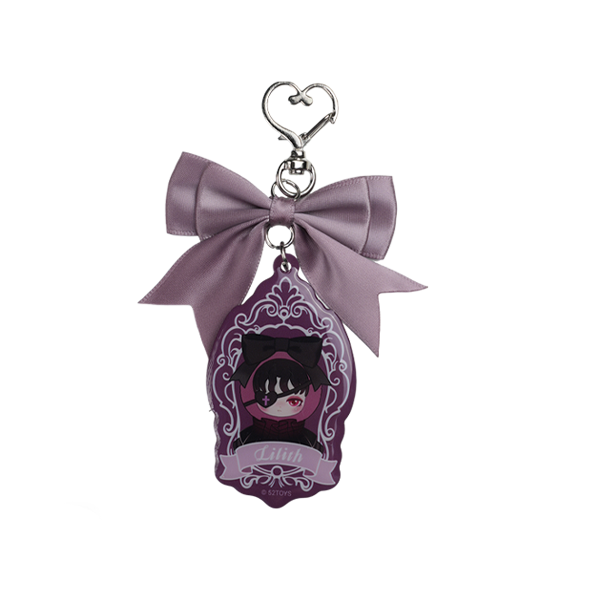 Lilith Forbidden Covenant acrylic keychain with dusty-purple bow and chibi vampire cameo charm, by 52TOYS