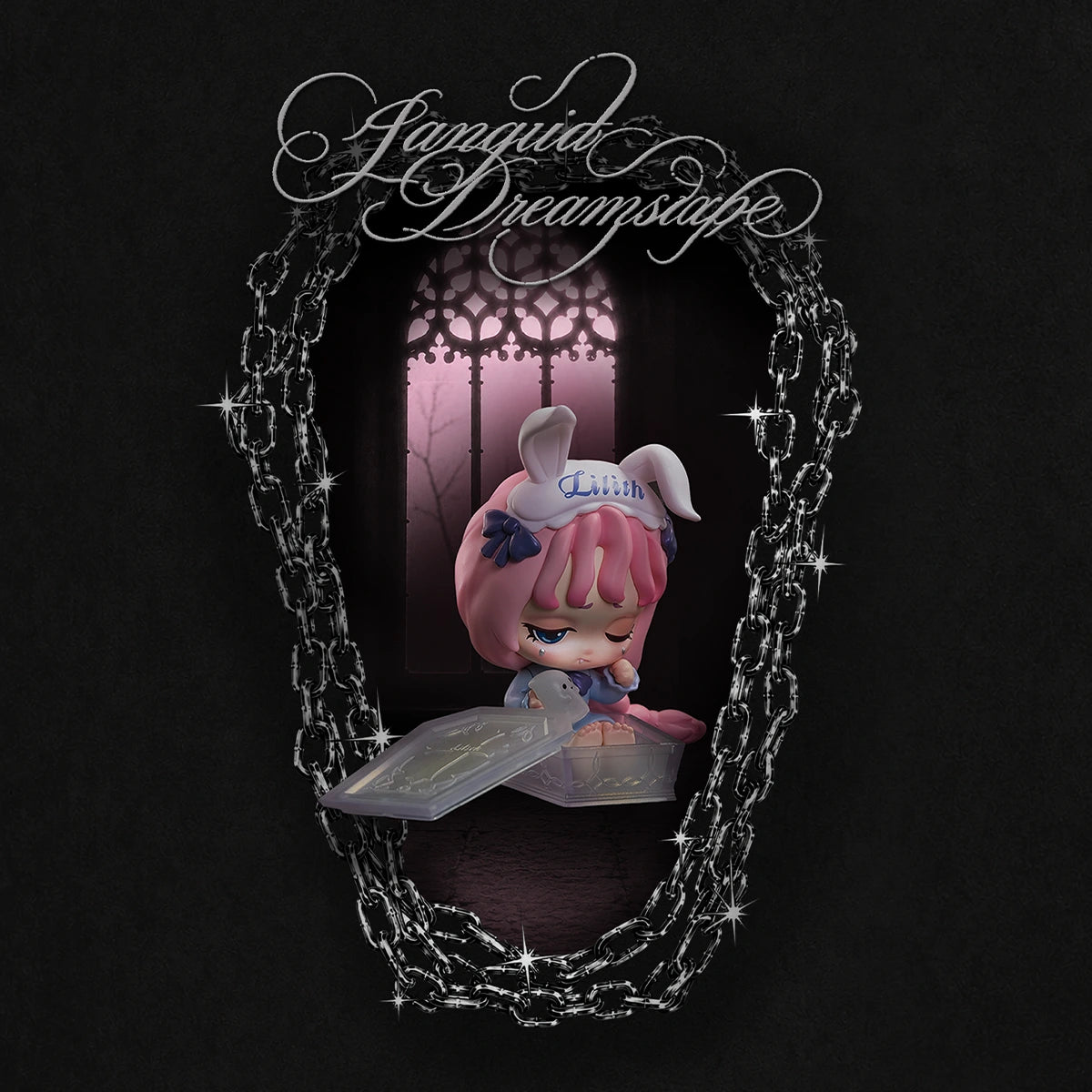 Secret pink-haired Lilith in bunny-ear hood kneeling by a clear coffin box, Lilith Nocturnal Shroud