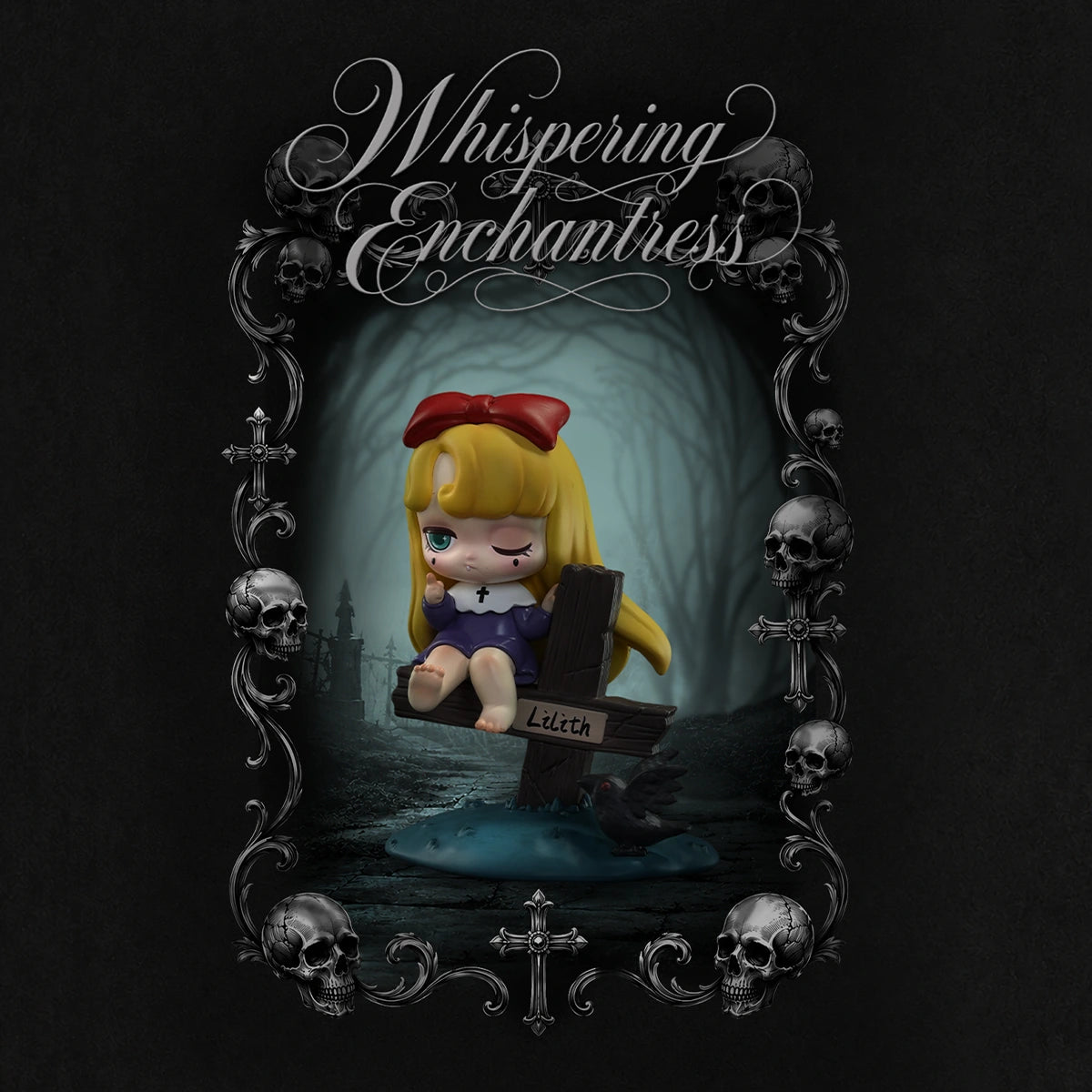 Whispering Enchantress blonde girl with red bow seated on a Lilith grave post, Lilith Nocturnal Shroud