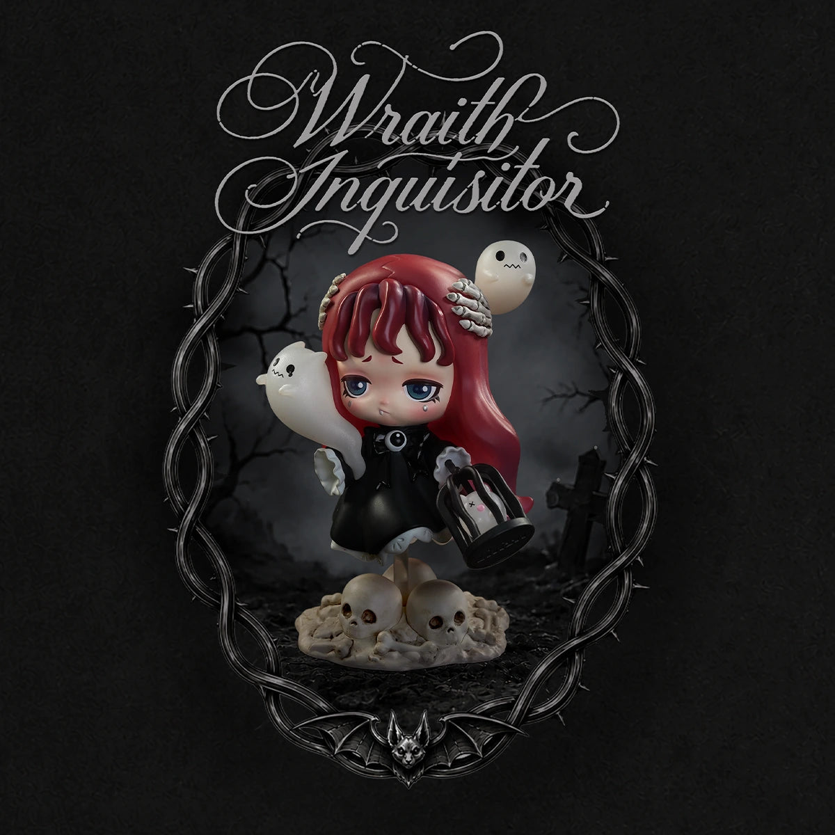 Wraith Inquisitor red-haired girl with bat wings and lantern on skulls, Lilith Nocturnal Shroud