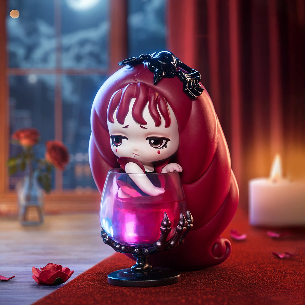 Black Bride red-haired girl seated in a wine goblet with a skeletal hand, Lilith The Century of Mary I