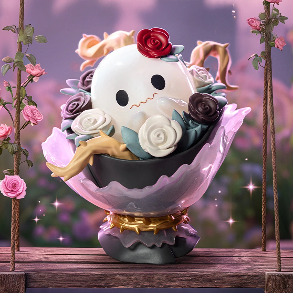 Butterfly Cage white ghost-head bouquet of roses in a chalice vessel on a swing, Lilith Century of Mary I