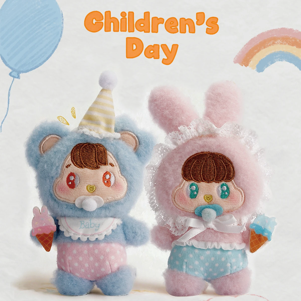 Baby Bear and Baby Bunny plush holding ice cream cones, Little Buns Children's Day keychain