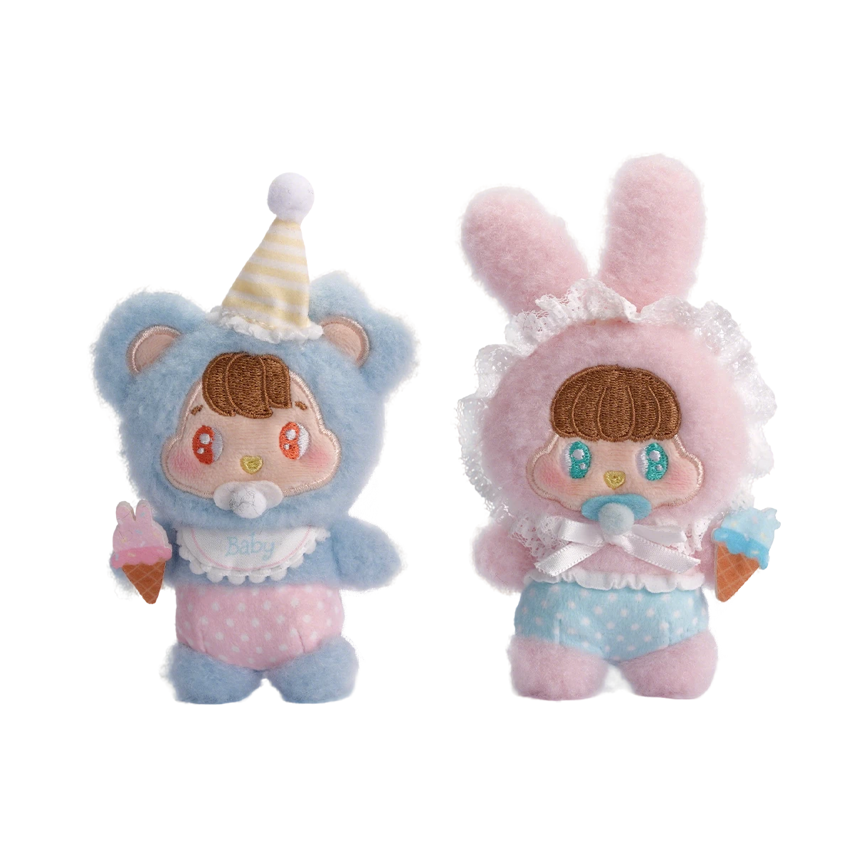 Baby Bear in party hat and Baby Bunny in lace bonnet plush, Little Buns Children's Day keychain by 52TOYS