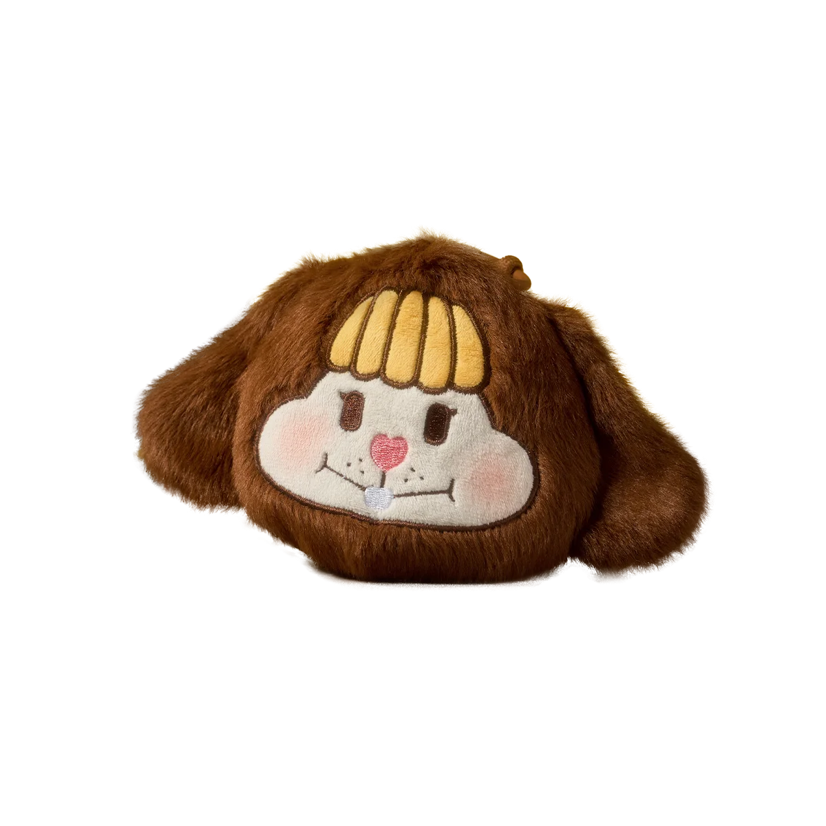 Chocolate-brown plush bunny-head charm with yellow bangs and blushing smiley face, LITTLE BUNS line by 52TOYS