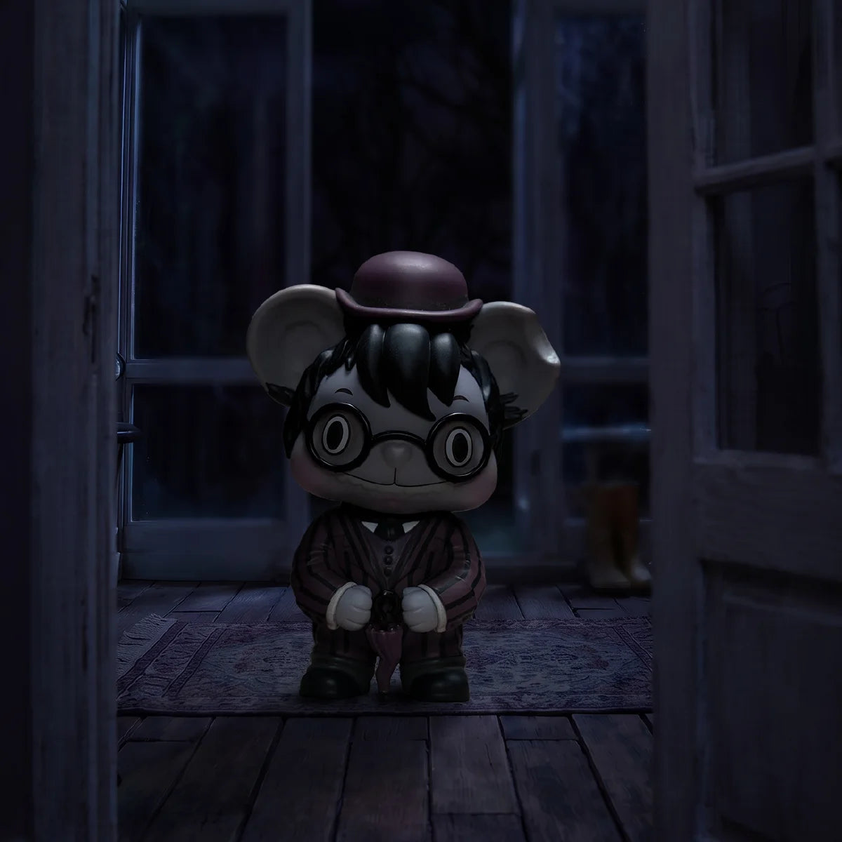 LITTLE BUNS The Conjuring Universe — Round-glasses character with a bowler hat in a dark doorway