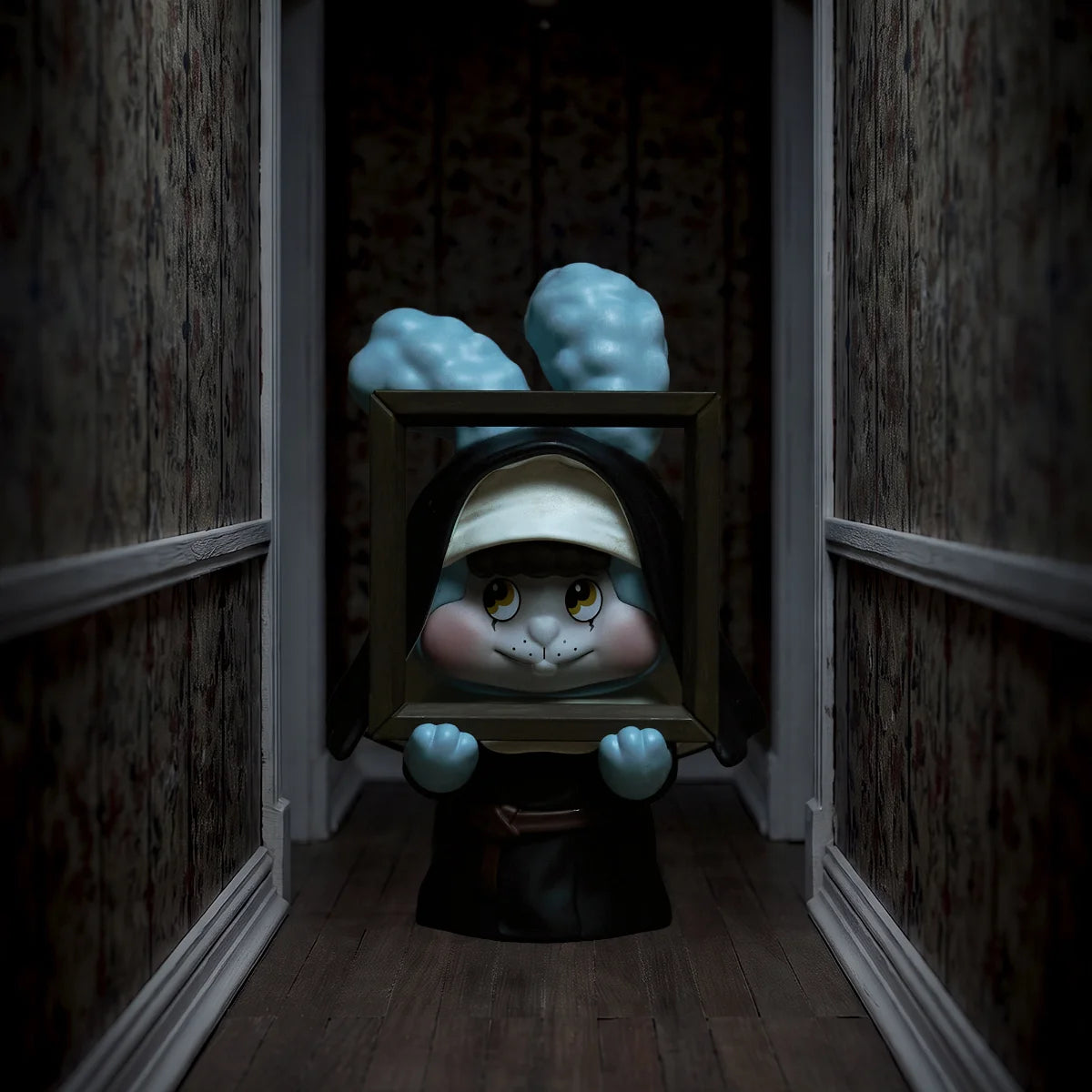 LITTLE BUNS The Conjuring Universe — Nun-inspired bunny holding a picture frame in a dark hallway