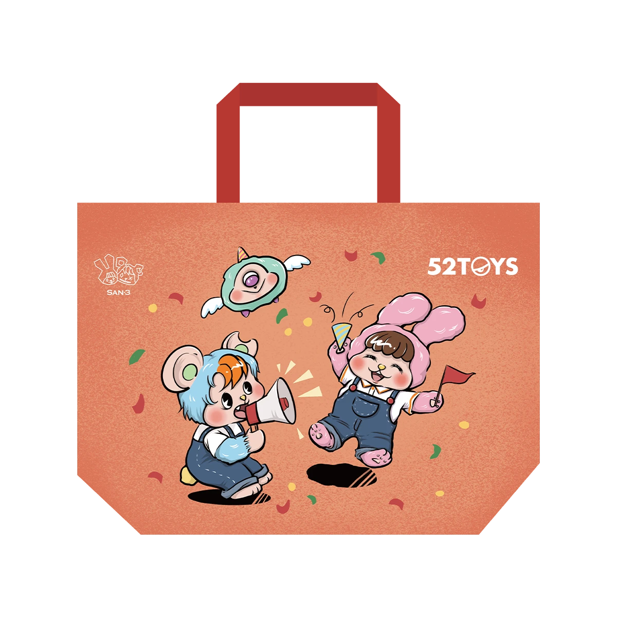 Little Buns large coral shopping bag with two bunny characters celebrating with a megaphone and confetti