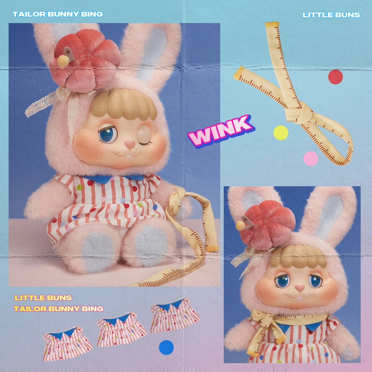 Tailor Bunny Bing pink plush displayed beside its striped polka-dot dress outfit, Little Buns