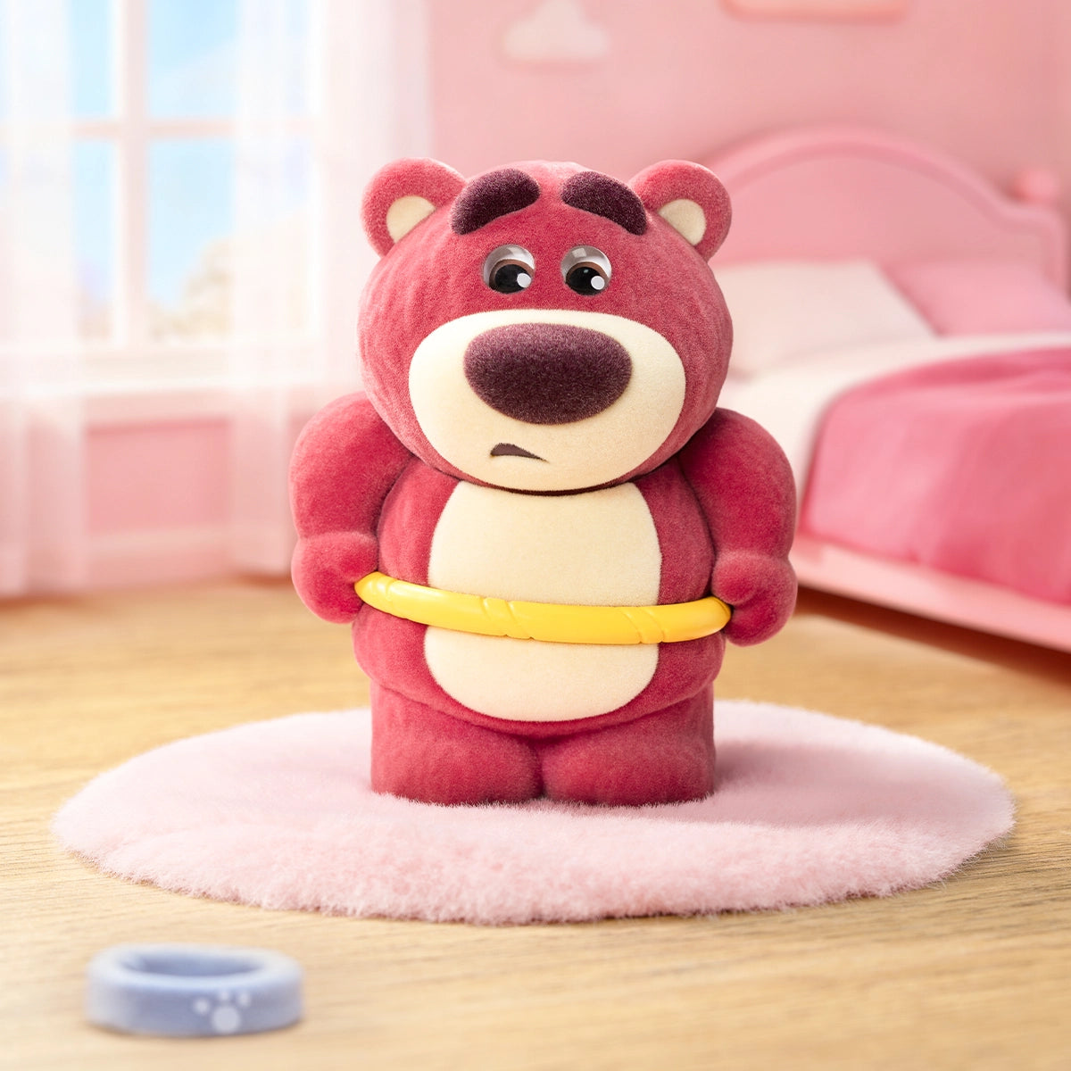 Lotso Fitness figure using a yellow exercise hoop on a pink bedroom rug
