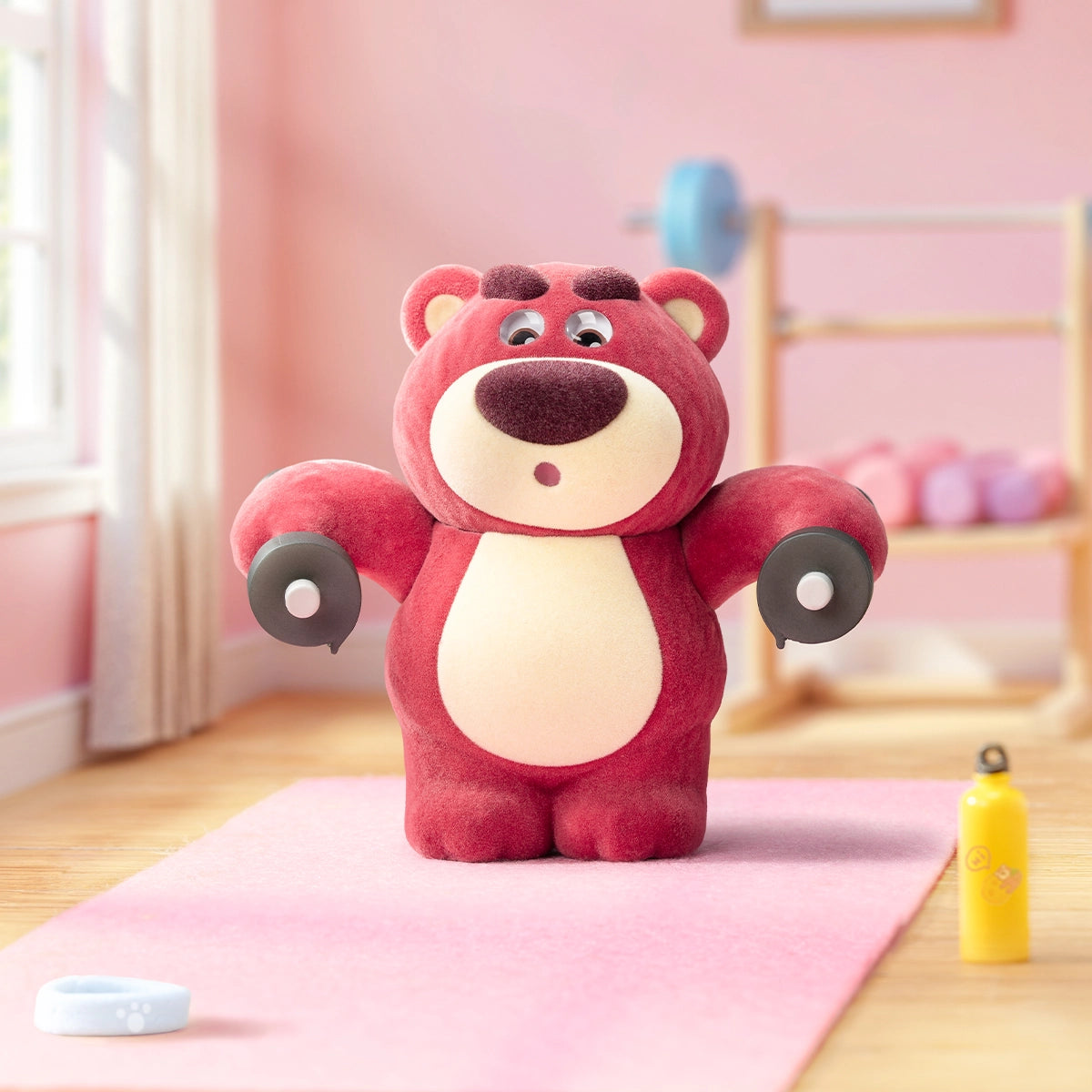 Lotso Fitness figure performing dumbbell curls on a pink exercise mat