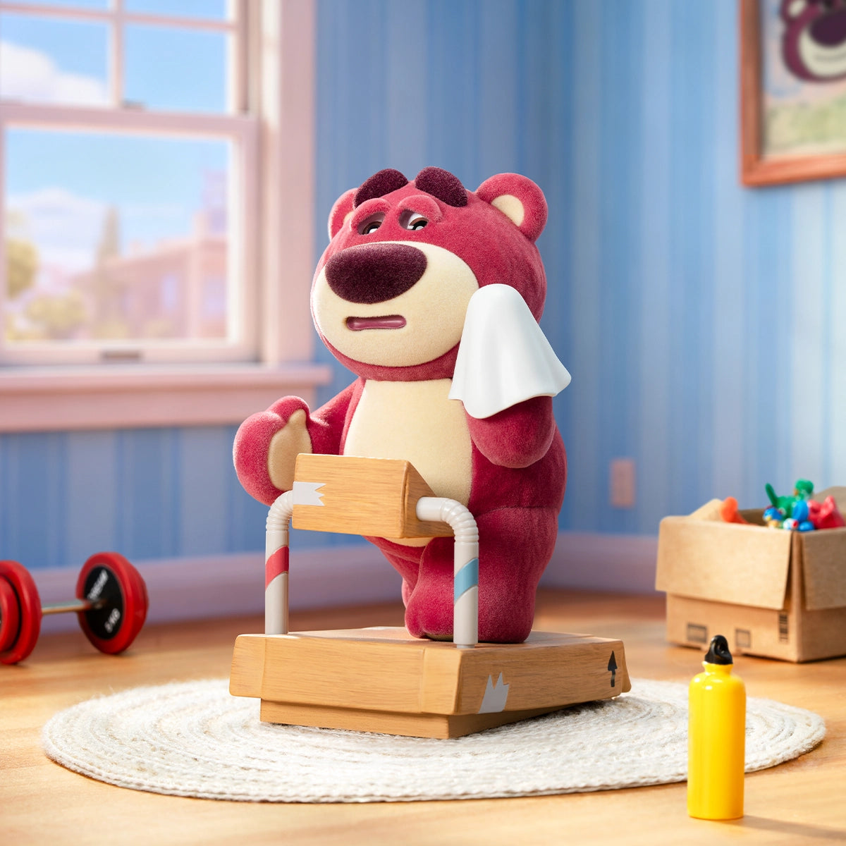 Lotso Fitness figure exercising on a wooden stepper while wiping sweat with a towel
