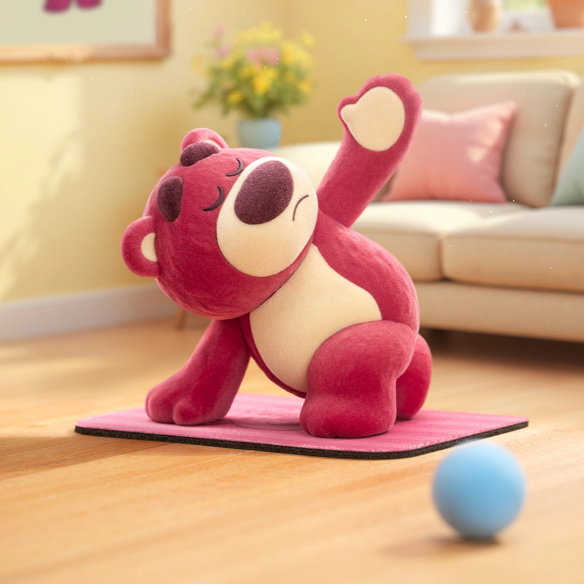 Lotso Fitness figure stretching sideways on a pink exercise mat