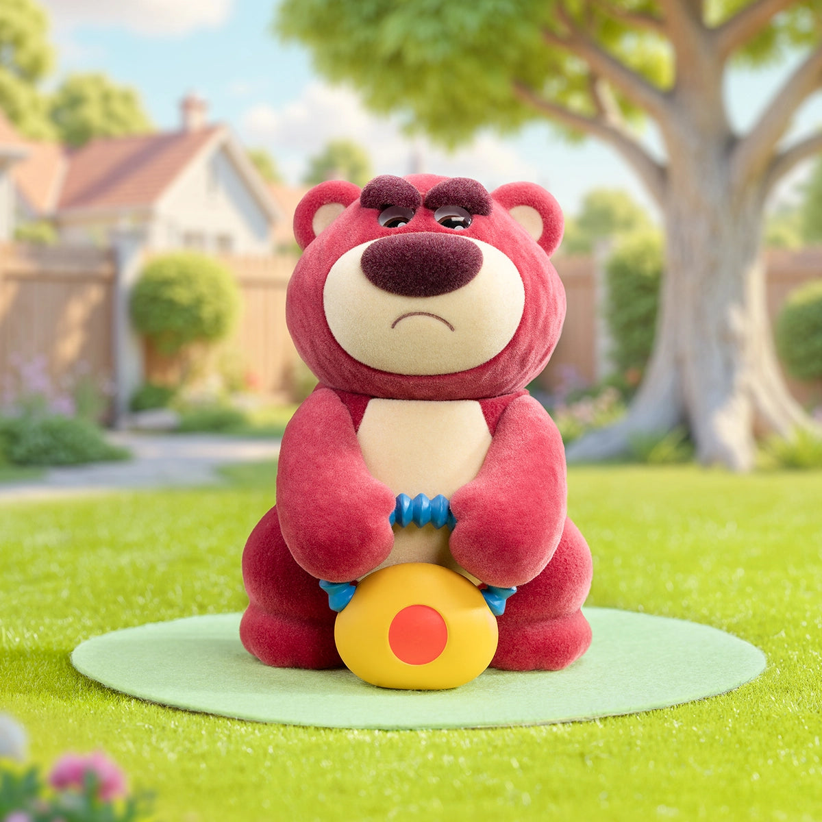 Lotso Fitness figure seated on a yellow exercise ball and holding a blue resistance handle