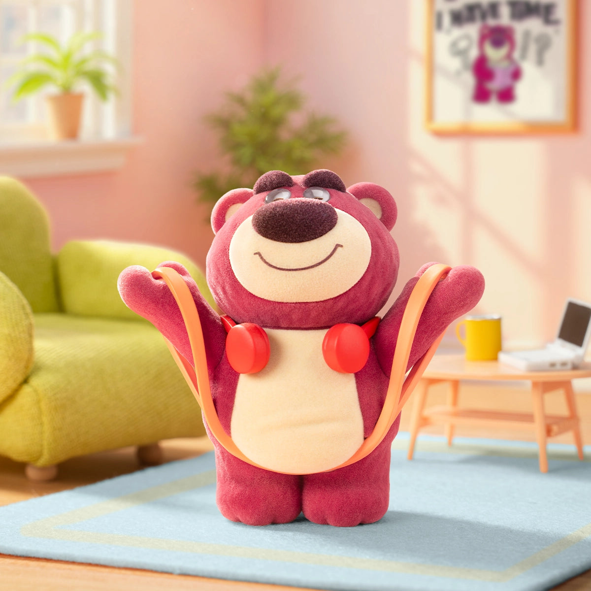 Smiling Lotso Fitness figure exercising with orange resistance bands and red handles