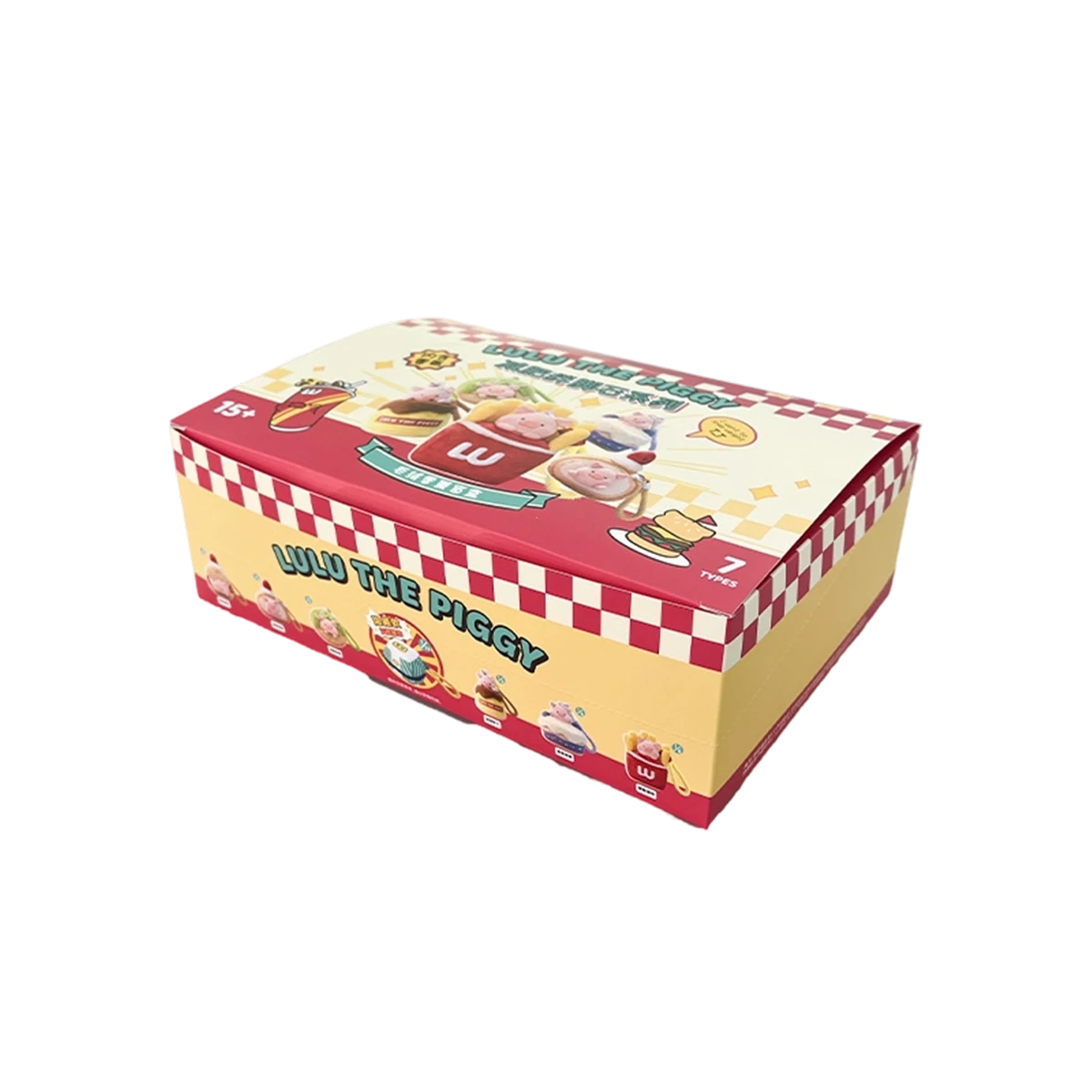 Lulu the Piggy Diet Nemesis full display case with seven food-themed plush keychain designs