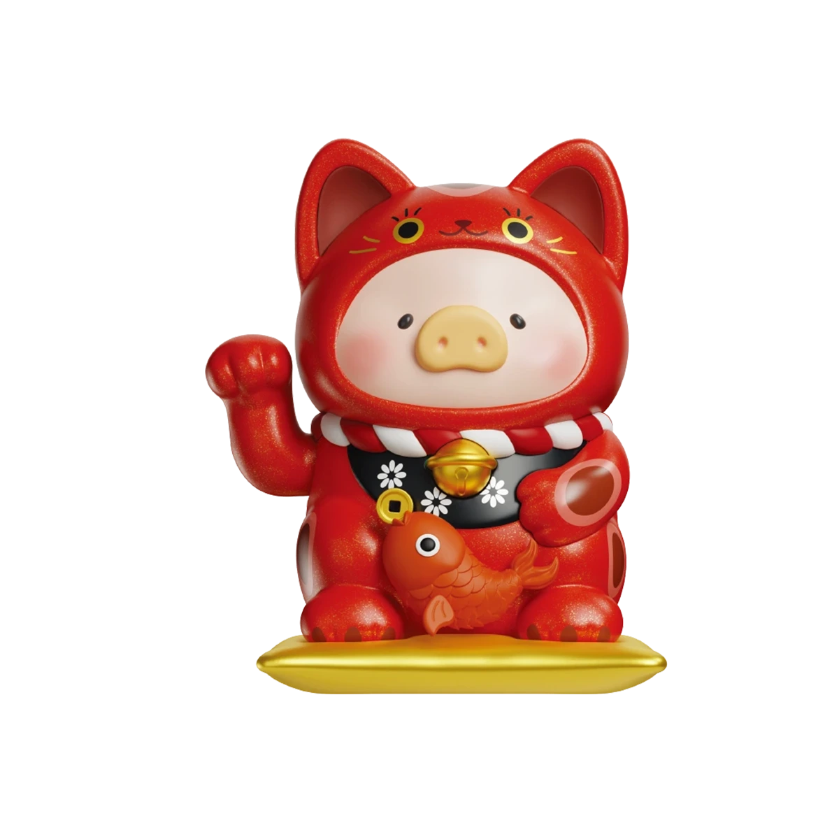 Hundred-Blessings Cat white lucky-cat pig with green scarf and gold bells, LuLu the Piggy Lucky Cat