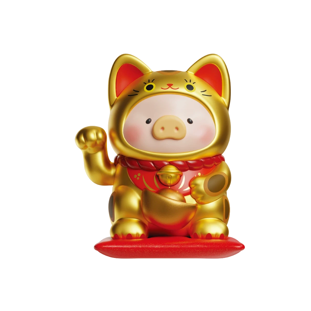 Fortune Shift Cat black lucky-cat pig with teal scarf holding a gold ingot, LuLu the Piggy Lucky Cat