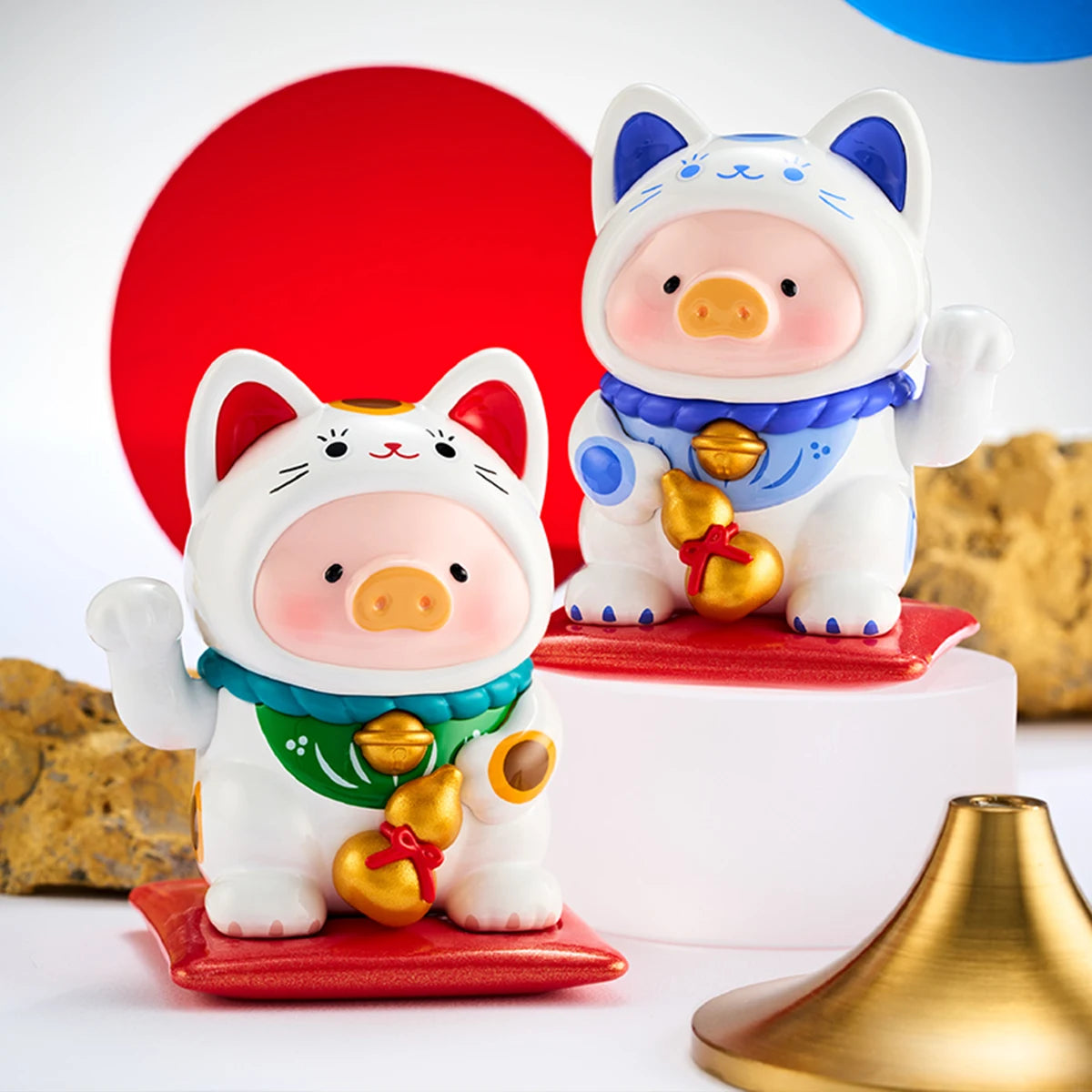 Hundred-Blessings and Fortune Ally lucky-cat pigs in white and blue hoods, LuLu the Piggy Lucky Cat
