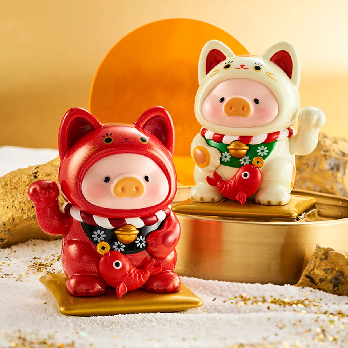 Sweetheart pink and Smart Victory purple lucky-cat pigs holding luck coins, LuLu the Piggy