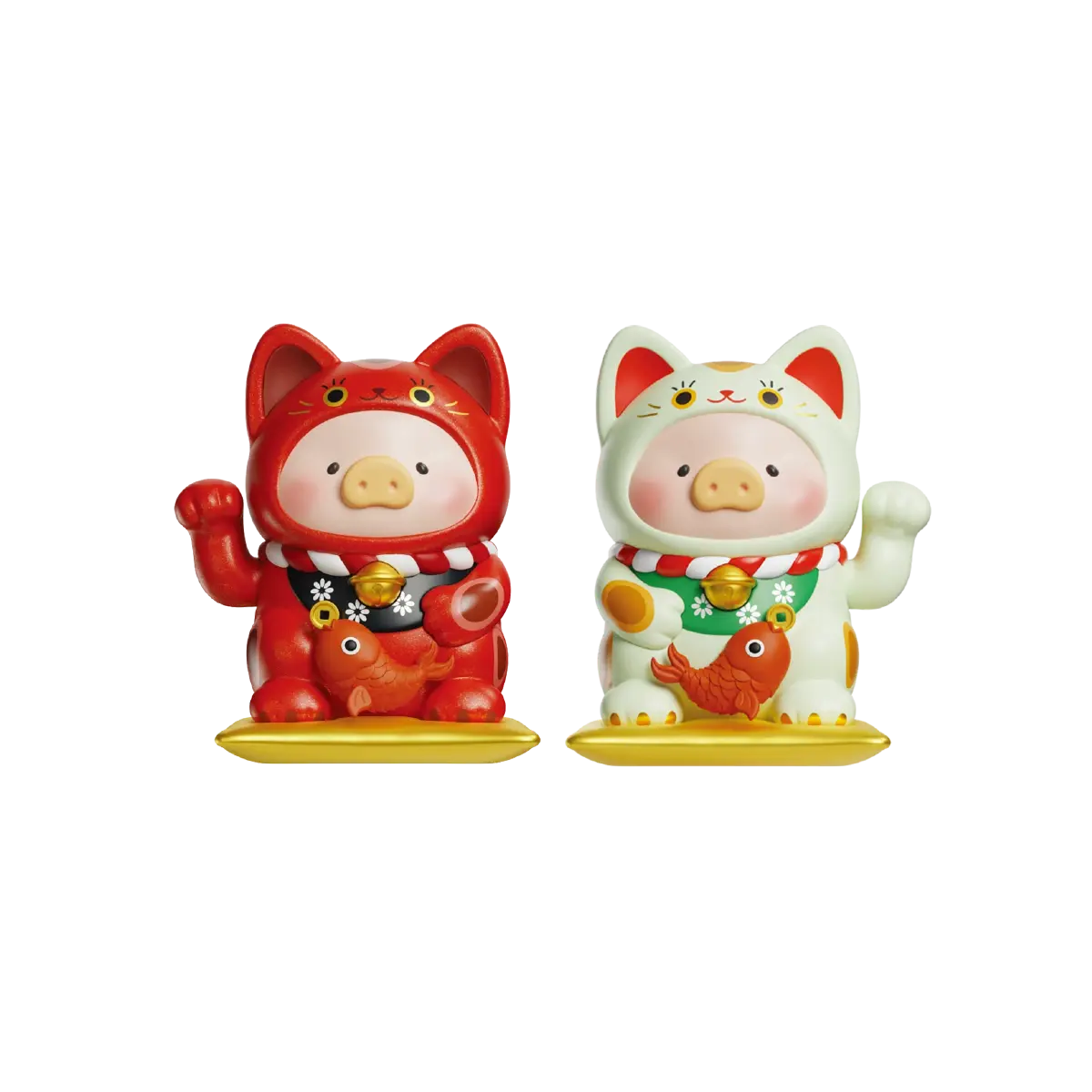 Shadow Guard Cat cream lucky-cat pig with green bib and gold bell holding a red koi, LuLu the Piggy Lucky Cat