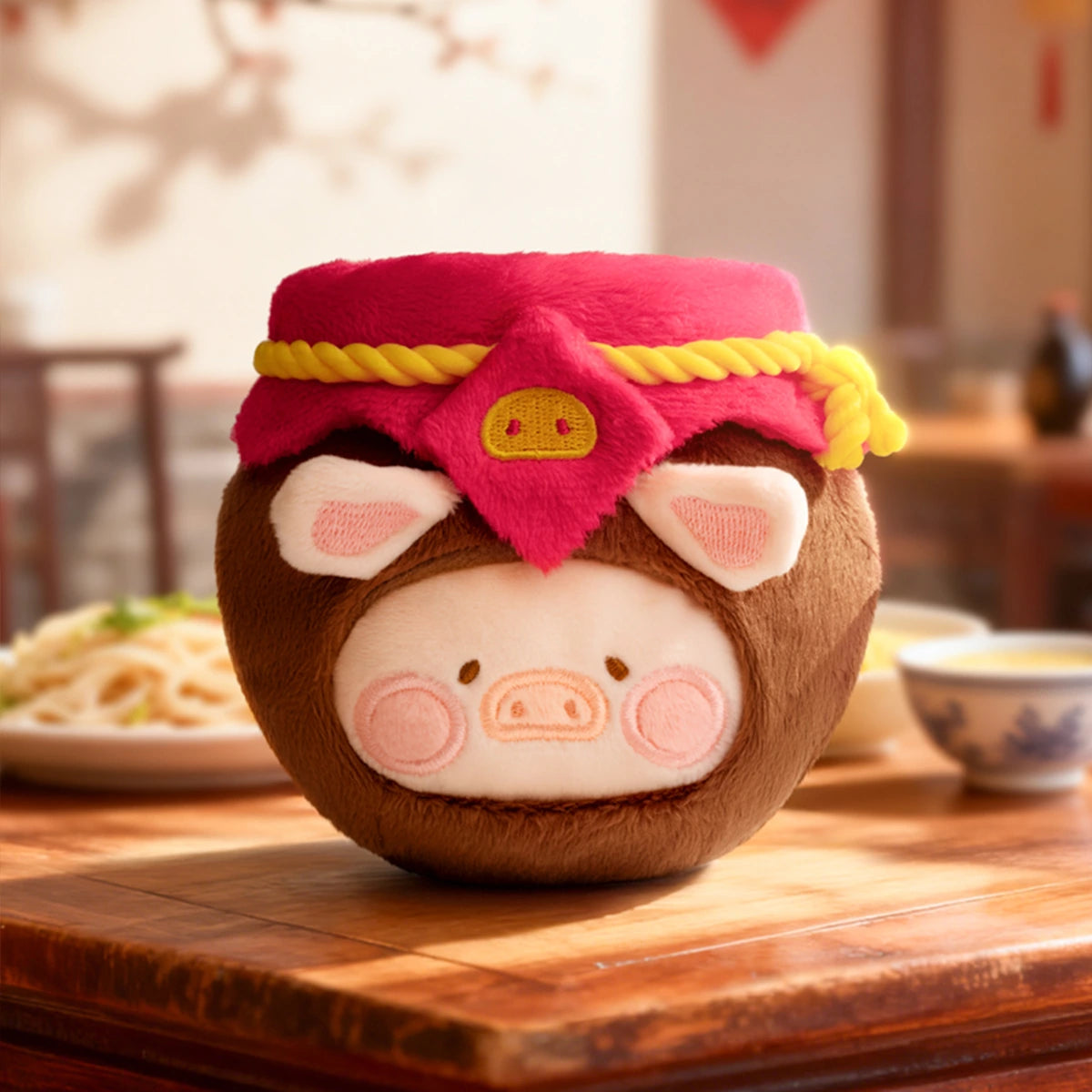 Wine Jar piggy as a brown jar with red cloth cover and gold rope, Lulu The Piggy Food Hunter
