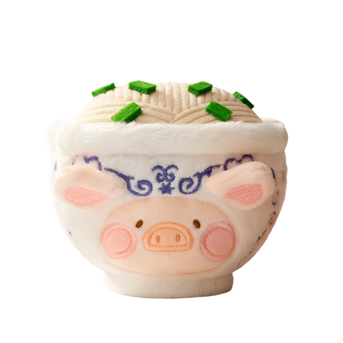 Big Bowl Noodles piggy in a blue-and-white bowl topped with noodles and greens, Lulu The Piggy Food Hunter