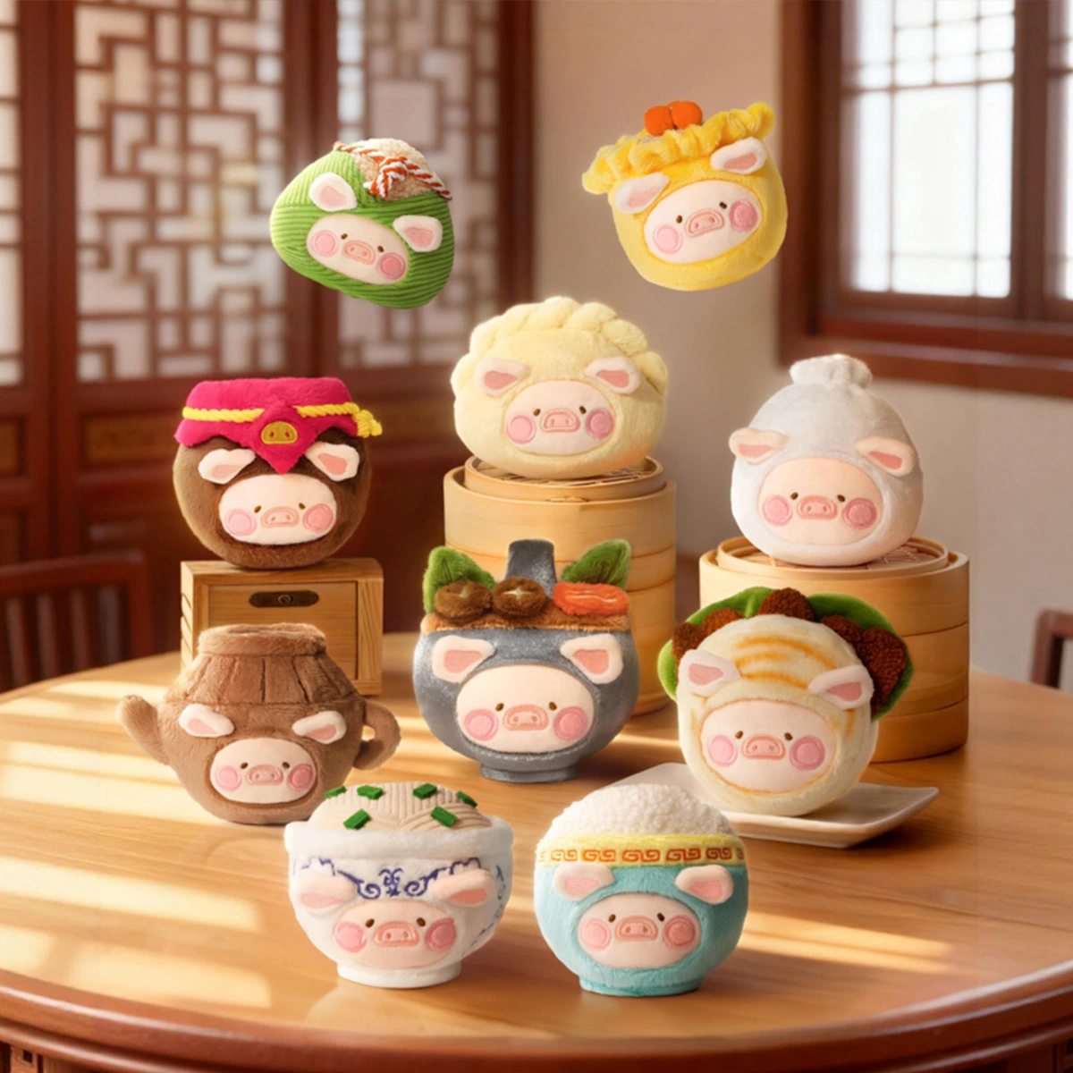 Full lineup of food-themed Lulu The Piggy plush keychains on a table, Lu's Table Food Hunter