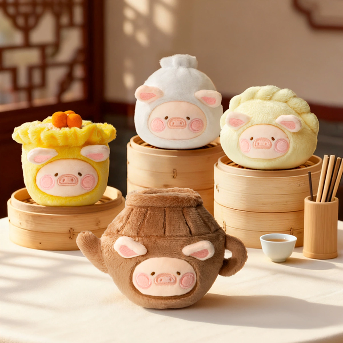 Shumai, baozi and teapot piggy plush keychains in bamboo steamers, Lulu The Piggy Food Hunter