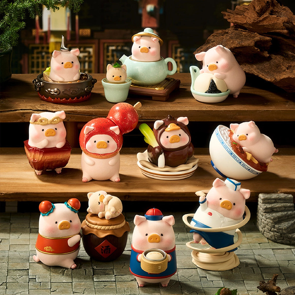 Full set of Lu's Table pig figures cosplaying Chinese regional dishes on shelves, blind box