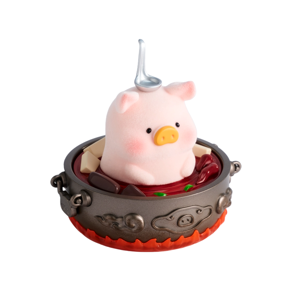 Piggy Hotpot super-secret Lu sitting in a bronze hotpot with silver ladle, Lu's Table