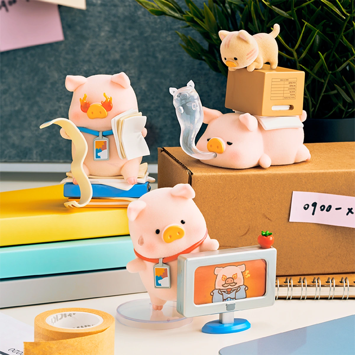 LuLu Piggy Office figures including Slow Snail and Slacking Off Lu on a desk, blind box