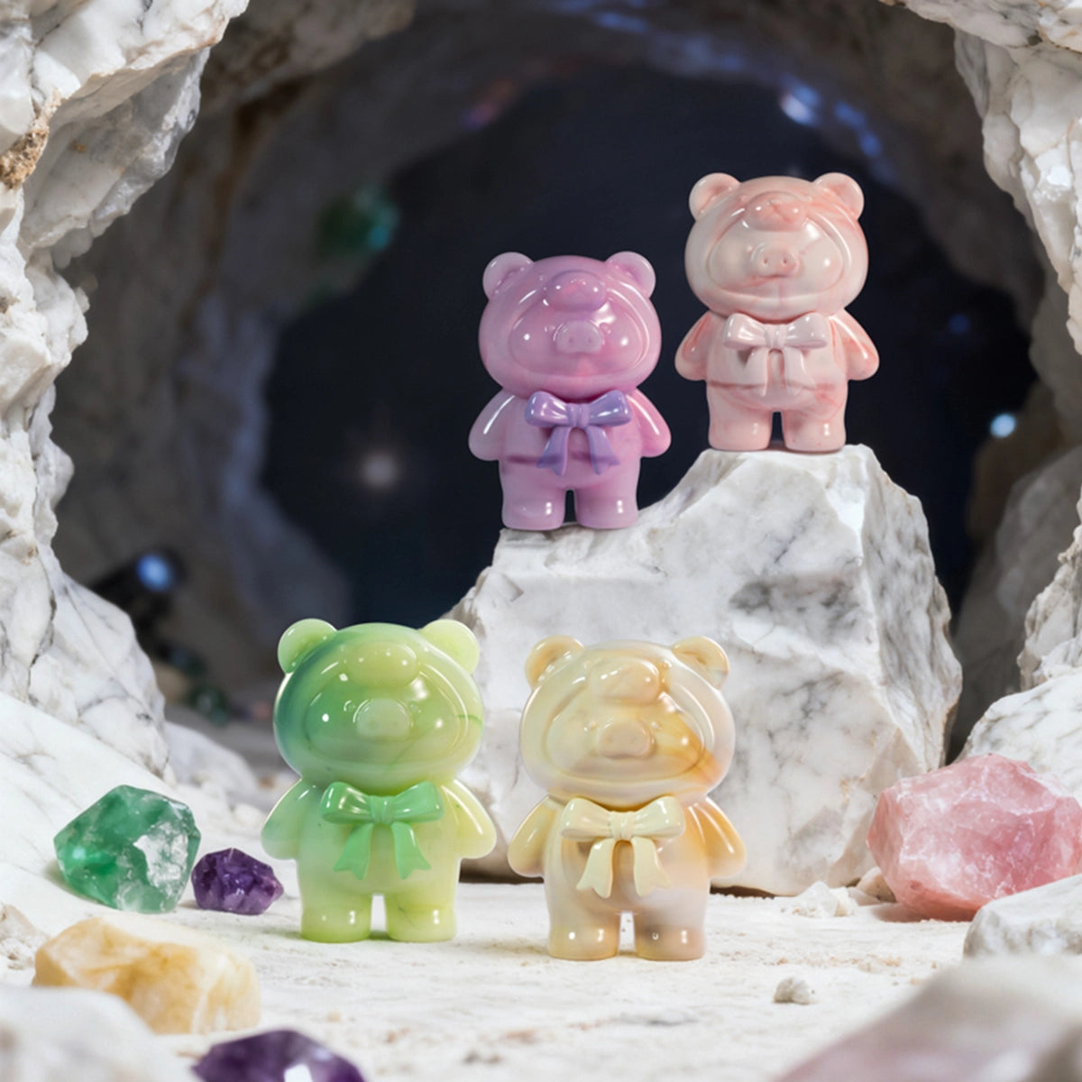 Rose Quartz, Beige Marble, Jade and Lepidolite glossy Lulu piggy figures among crystals, Ore Collection