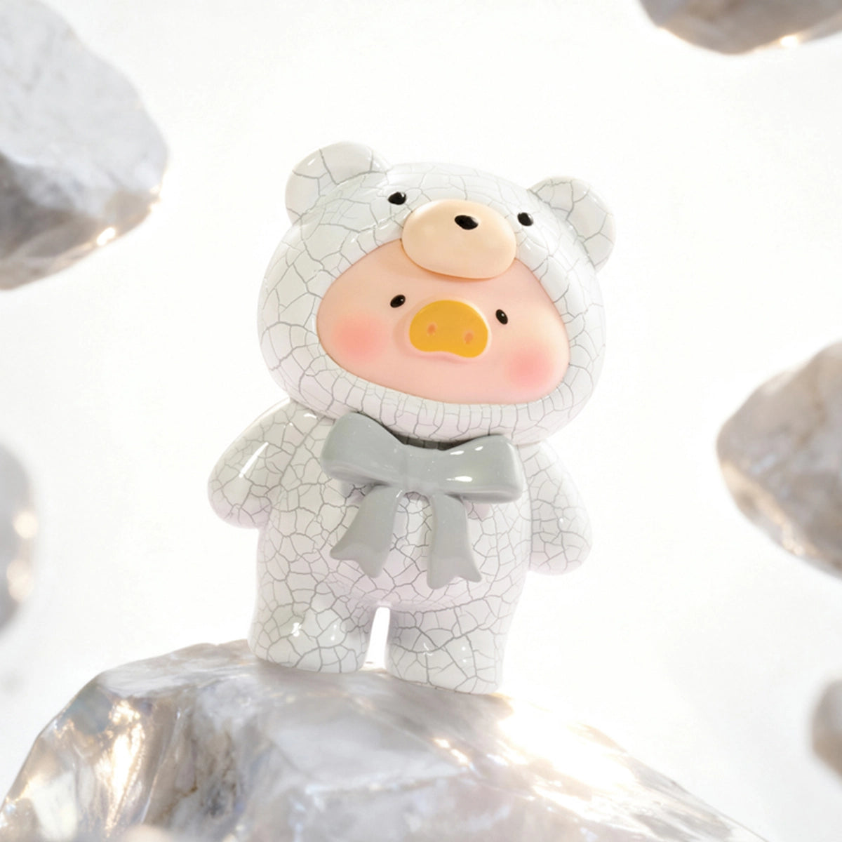 White Turquoise white crackle-textured Lulu piggy figure with grey bow, Teddy Mini Ore Collection