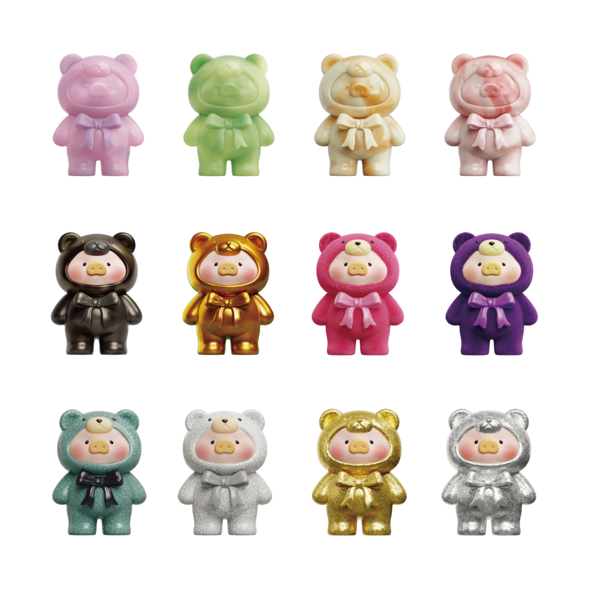 Twelve glossy marbled and flocked mineral Lulu piggy figures, Teddy Mini Ore Collection