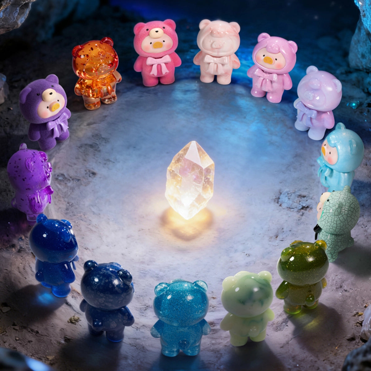 Gemstone Lulu piggy figures circled around a glowing crystal in a cave, Ore Collection
