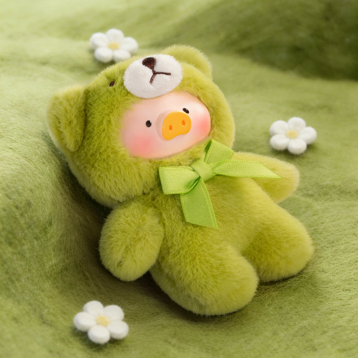 Grass lime-green Lulu piggy teddy charm with green bow on mossy fabric, Whispers of Nature