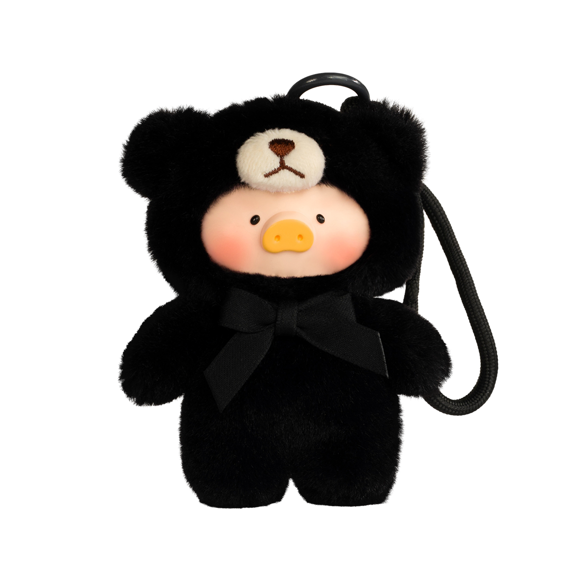 Darkness black Lulu piggy teddy charm with black bow and white bear patch, Whispers of Nature